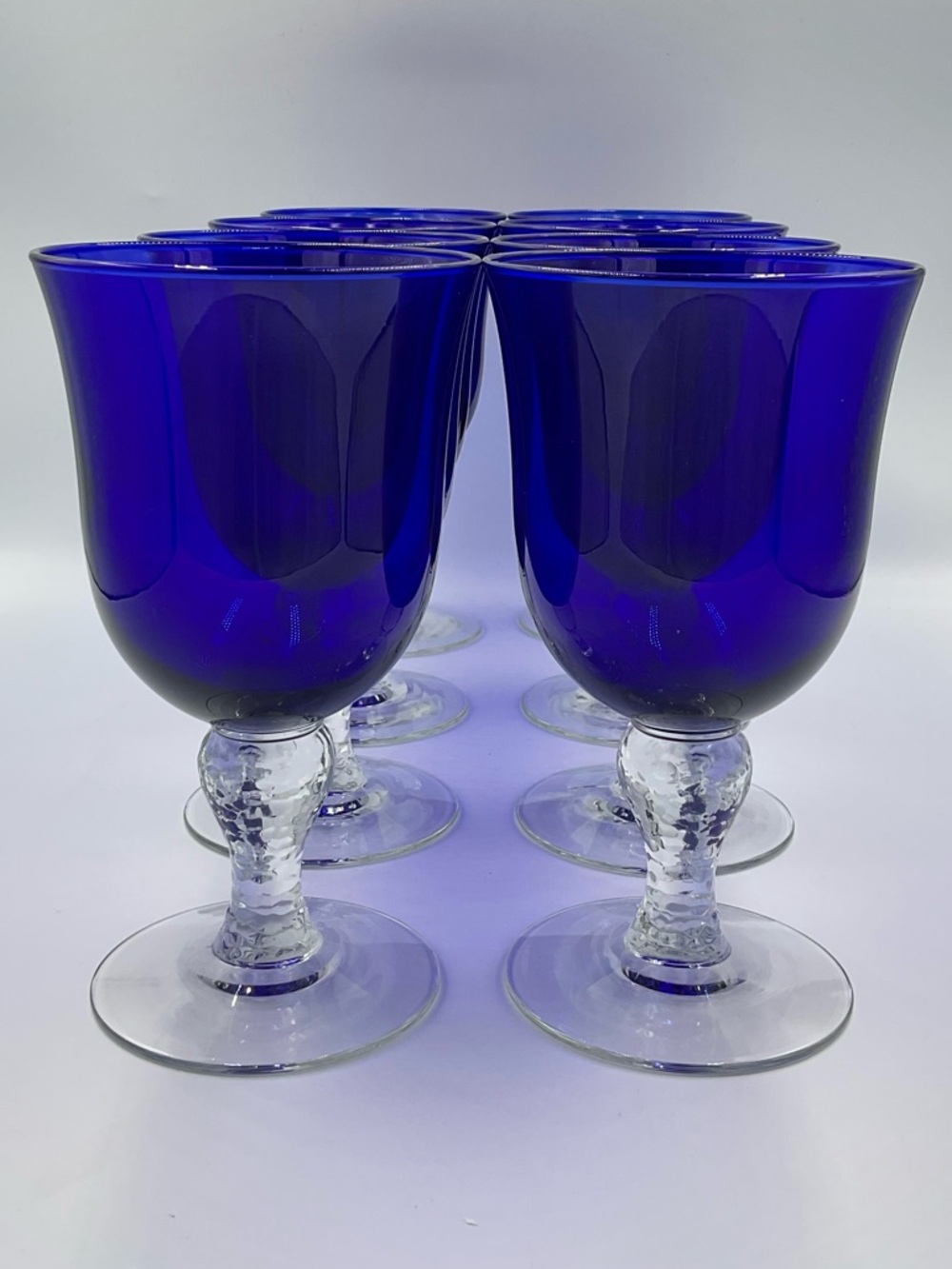 Libbey Martello Cobalt Blue Clear Textured Stemmed Goblets- Set of 8